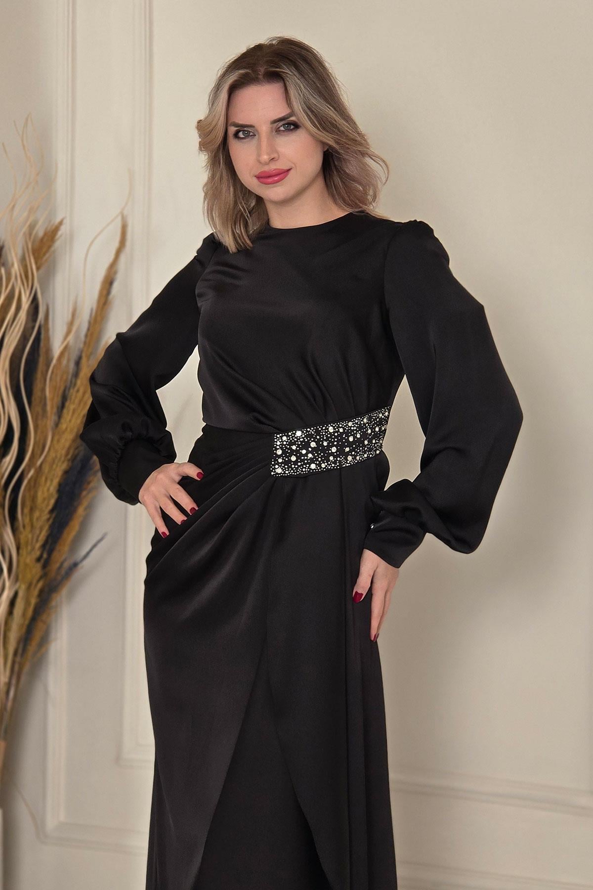 Siyah Saten Pelerinli Abiye 5332