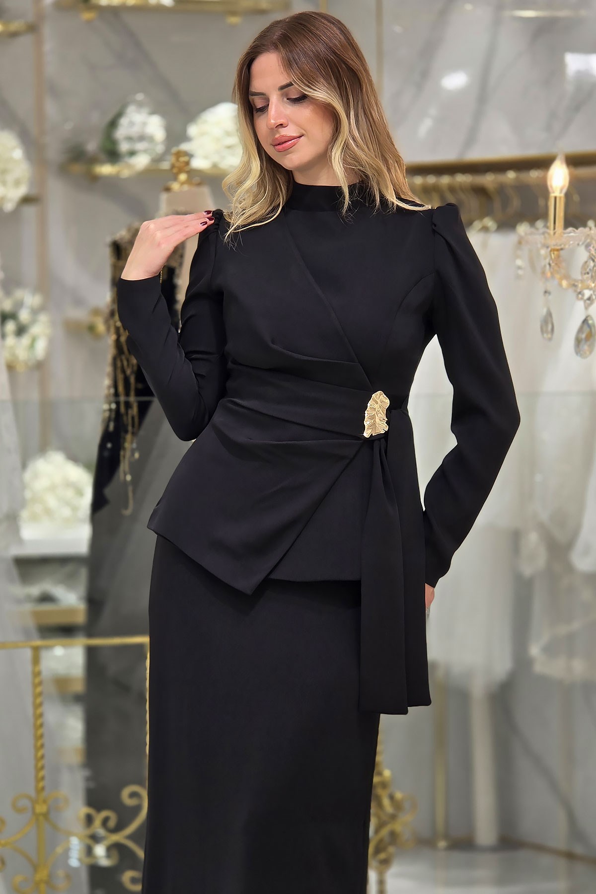 Siyah Tokalı Krep Elbise  4620
