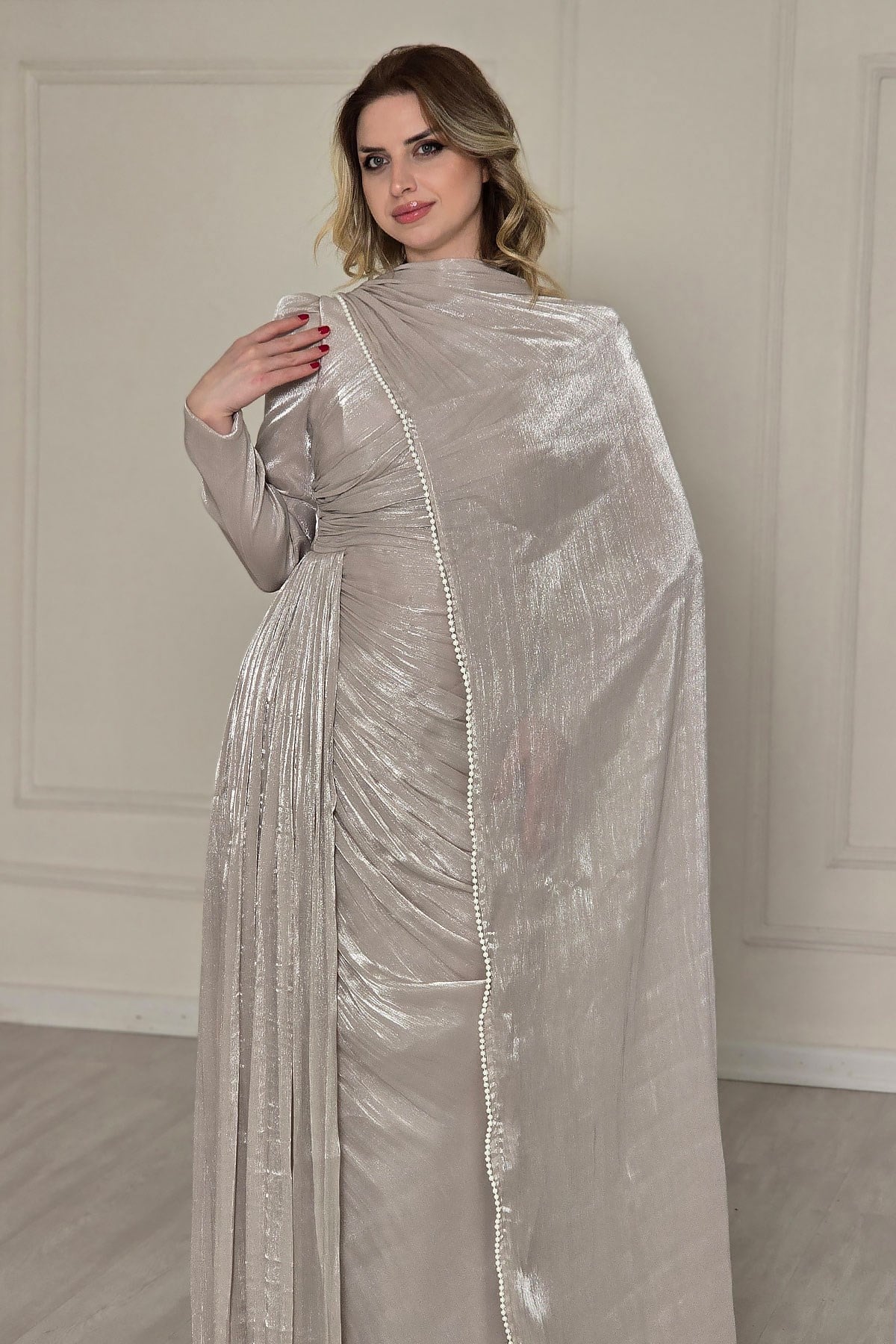 TAŞ RENGİ Organze Büzülü Abiye 5591