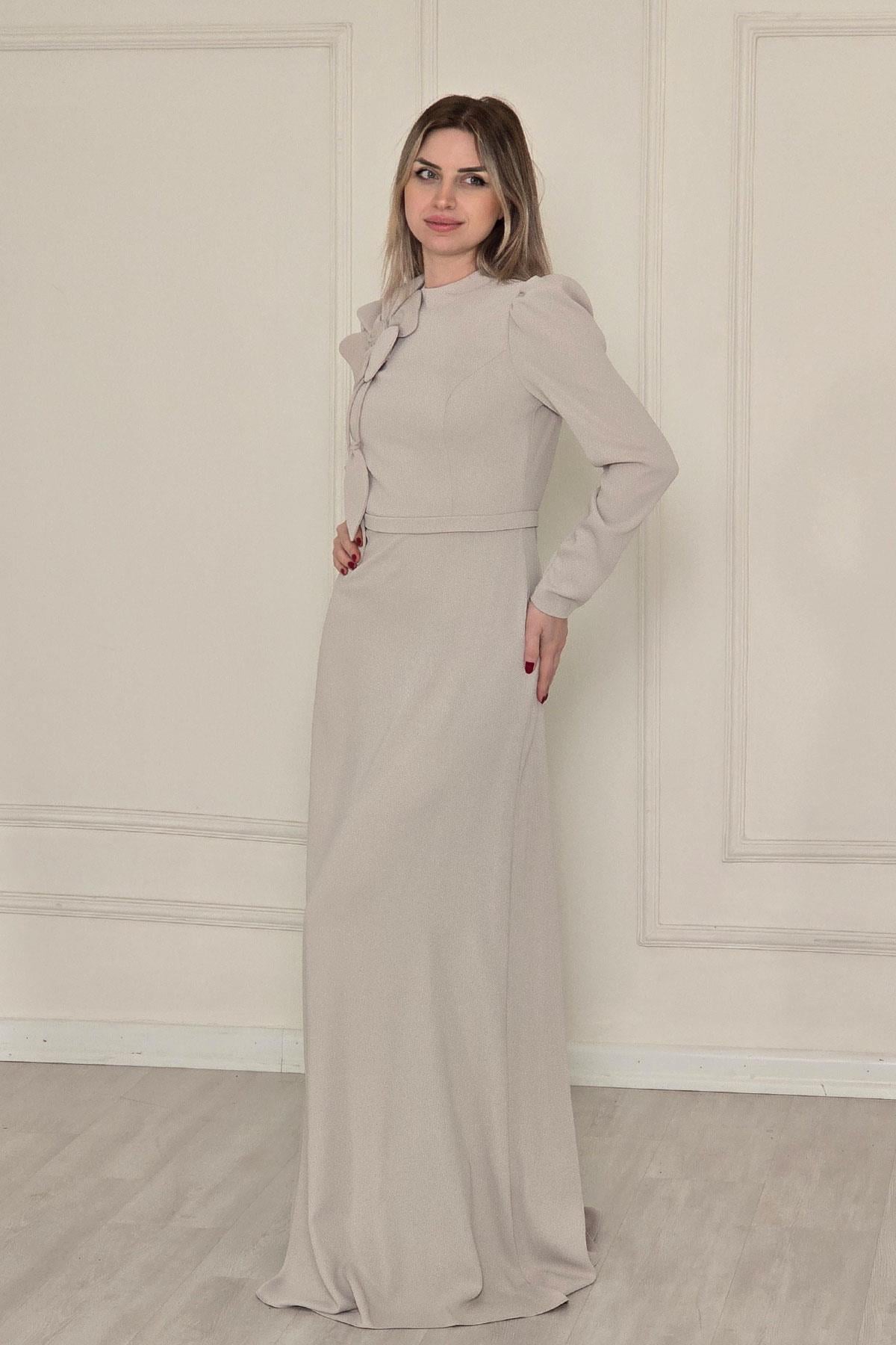 TAŞ RENGİ Yaka Çicçekli Tesettür Abiye 5577