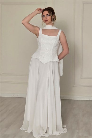 Beyaz Şifon Dantelli Abiye 2752