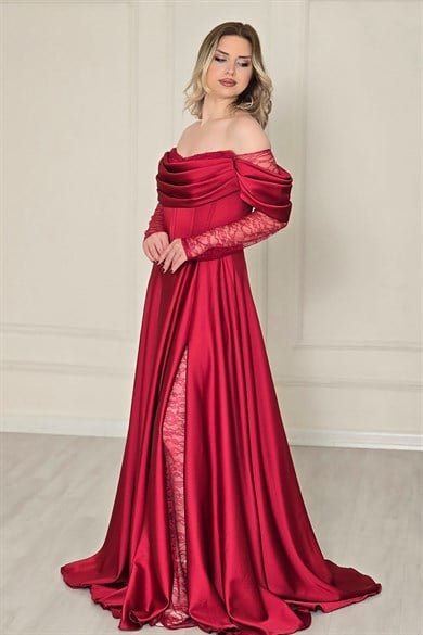 Bordo Dantel Yırtmaçlı Saten Abiye 195