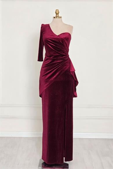 Bordo KADİFE SİMLİ TEK OMUZ ABİYE 7003
