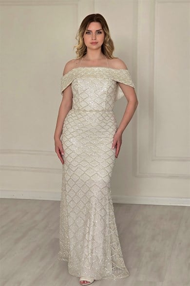 Ekru Balık Etek Madonna Yaka Abiye 5830