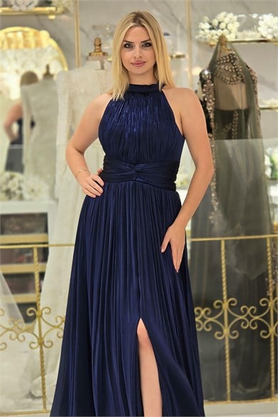 Lacivert İpek Organze Halter Yaka Abiye 6882