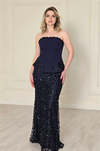Lacivert Pullu Korseli Abiye 7022