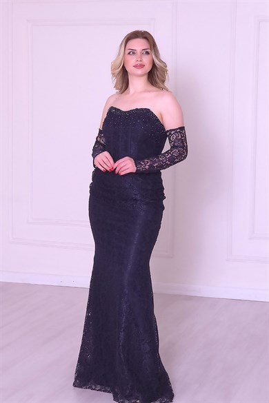 Lacivert Taşlı Dantelli Abiye 1102