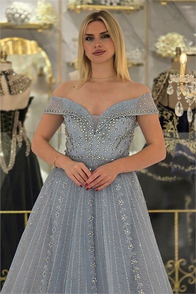Mavi Madonna Yaka Prenses Taş Baskı Abiye 5002