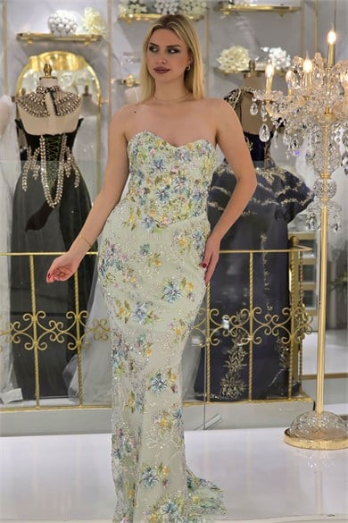 Mint Çiçekli Balık Abiye L9092