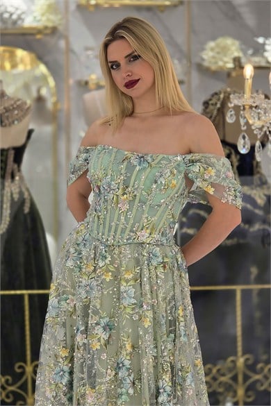 Mint Çiçekli Kloş Abiye L9091