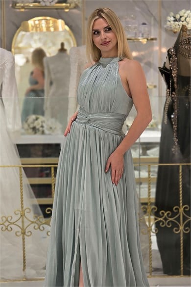 Mint İpek Organze Halter Yaka Abiye 6882