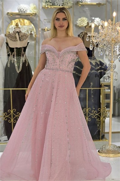 Pembe Madonna Yaka Prenses Taş Baskı Abiye 5002
