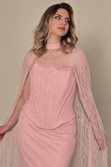 Pembe Pelerinli İşlemeli Dantel Abiye 6110