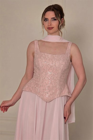 Pembe Şifon Dantelli Abiye 2752