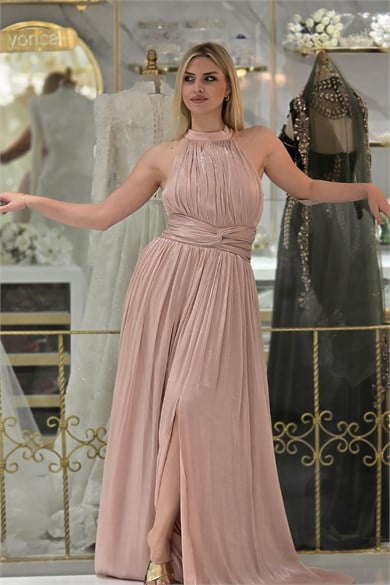 Pudra İpek Organze Halter Yaka Abiye 6882