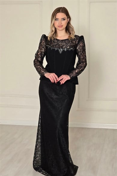 Siyah Dantel Korse Detaylı Abiye 25700