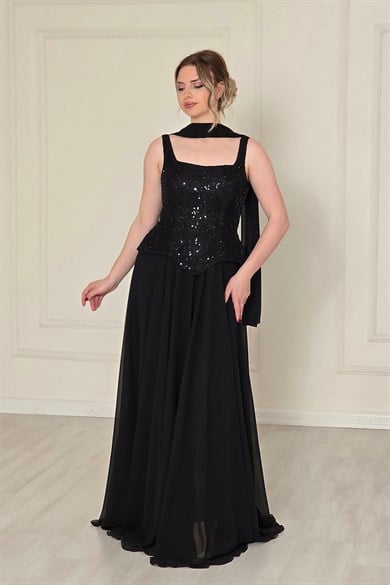 Siyah Şifon Dantelli Abiye 2752