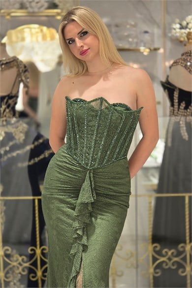 Yeşil Önü Drapeli Korseli Taşlı Abiye 2274