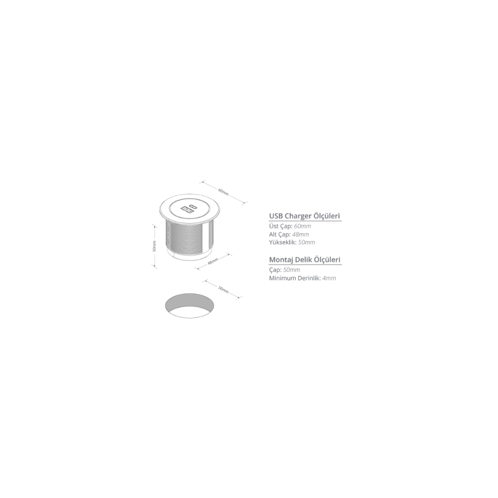 Metalline® 12 V CIRCULAR-LINE USB-A/USB-C 10W (5V-2A) YENİ- ADAPTÖRLÜ/SİYAH SOFT TOUCH