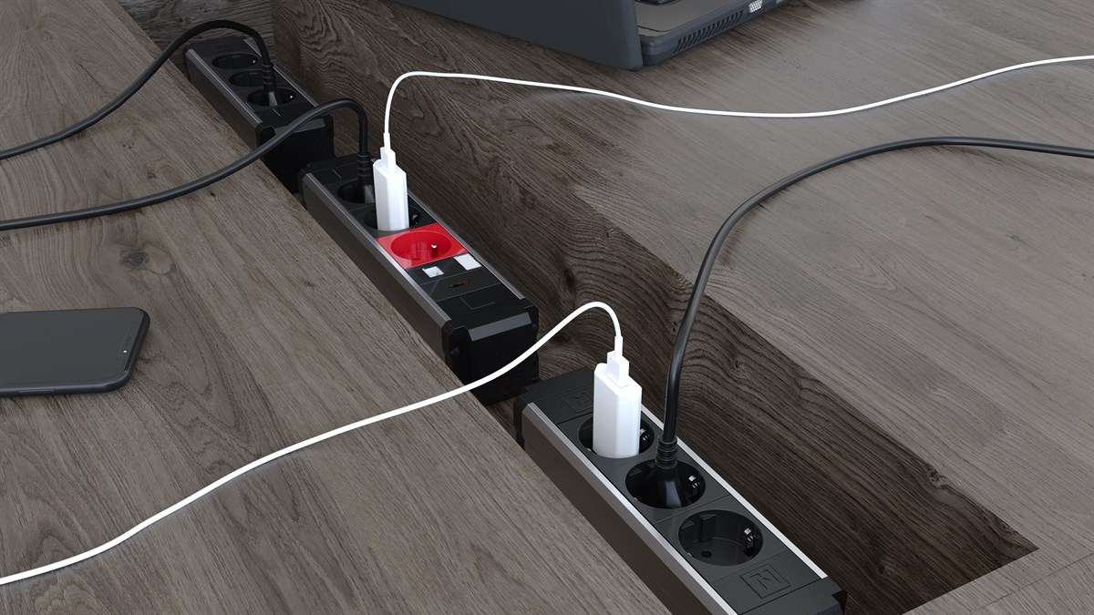 Metalline® Büro-Line Sıva Üstü Bürotik Priz Kutusu USB-UPS-CAT6/3 - Şampanya Eloksal