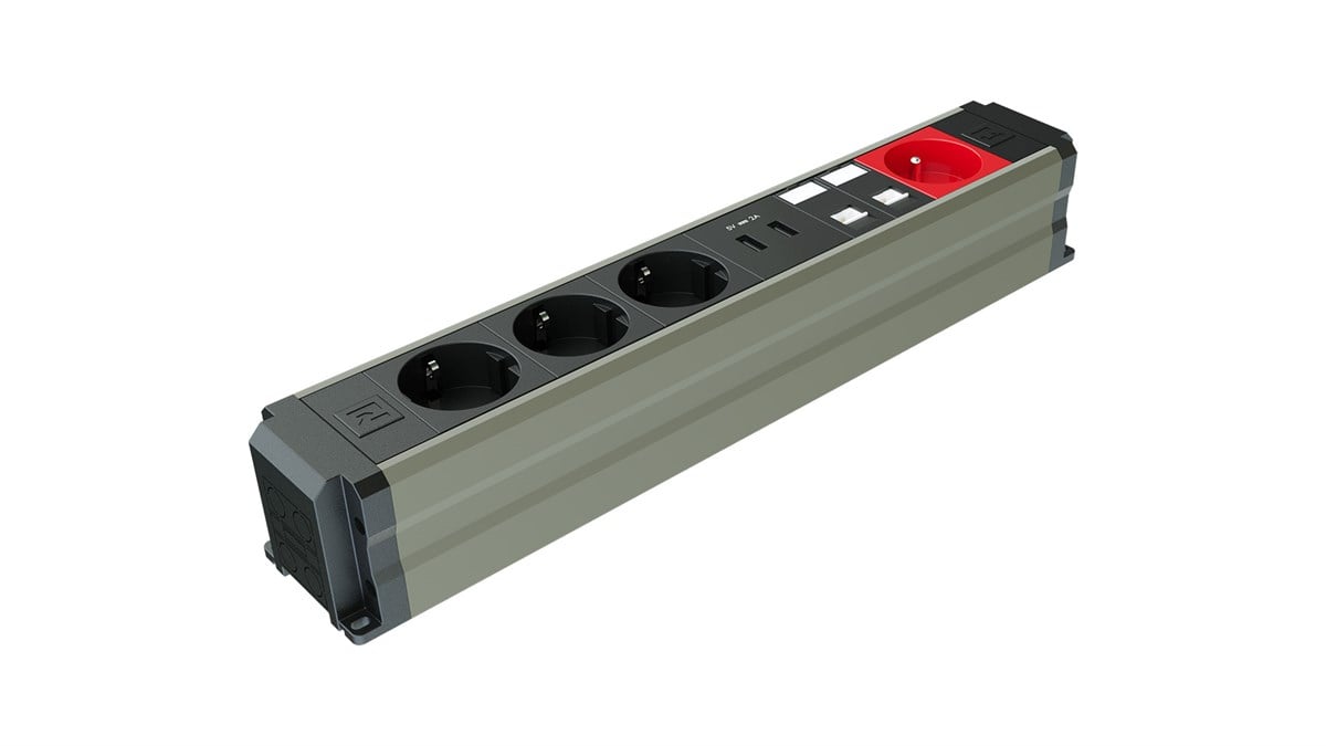Metalline® Büro-Line Sıva Üstü Bürotik Priz Kutusu USB-UPS-CAT6/3 - Şampanya Eloksal