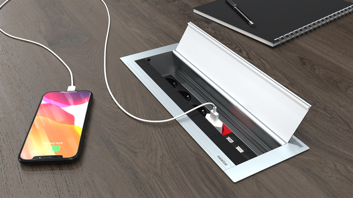 Metalline® Cap-Line Fırçalı Kapaklı Masaüstü Priz Sistemi UPS-USB-CAT6 / 3 - Natürel Eloksal