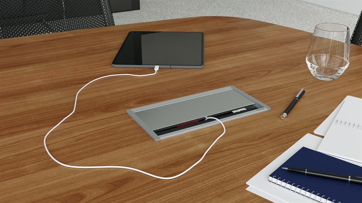Metalline® Fix-Line Fırçalı Kapaklı Masaüstü Priz Kutusu USB - Natürel Eloksal
