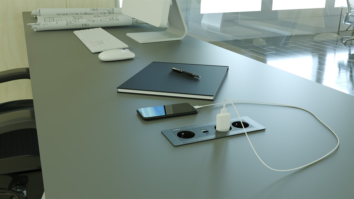 Metalline® Flat-Line Kapaksız Gömme Masaüstü Priz Kutusu USB-A / USB-C - Antrasit