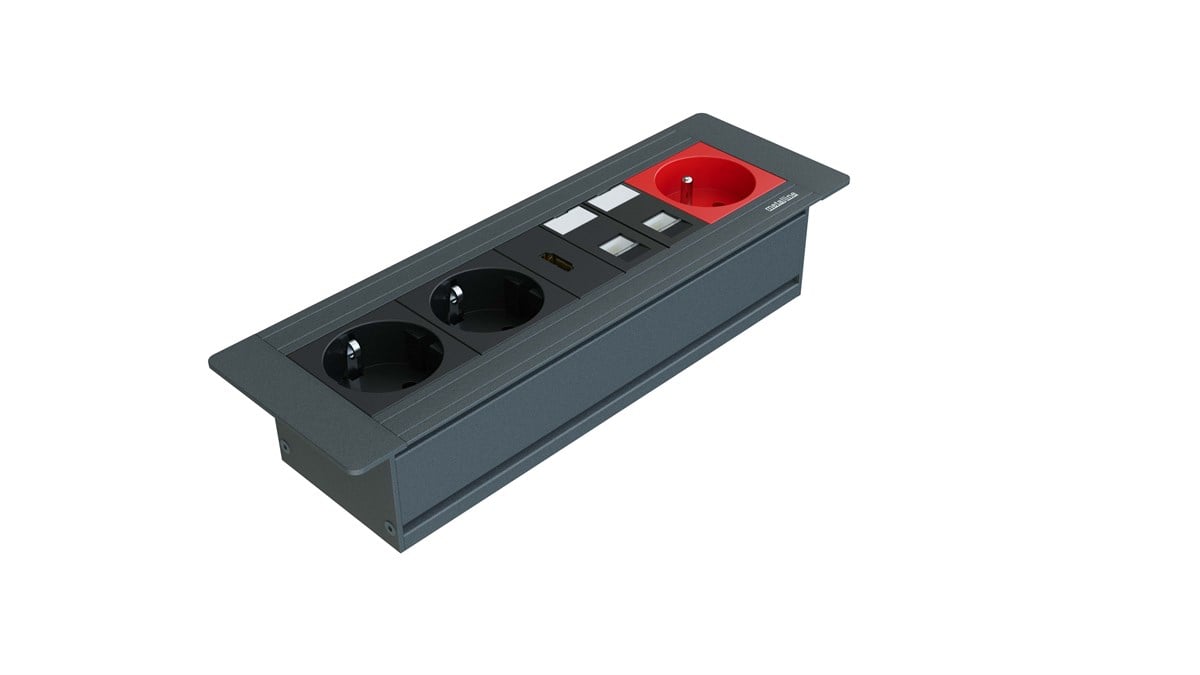 Metalline® Flat-Line Kapaksız Gömme Masaüstü Priz Kutusu HDMI-UPS-CAT6/3 - Antrasit