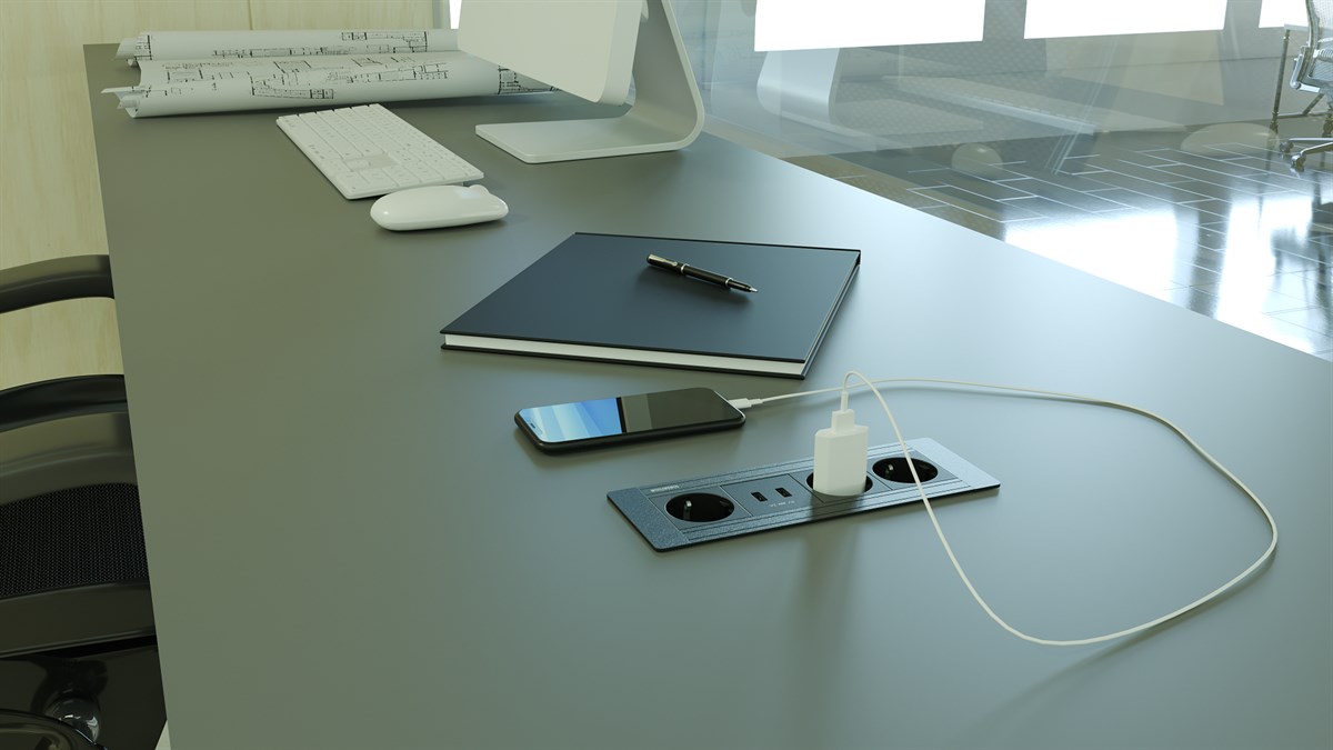 Metalline® Flat-Line Kapaksız Gömme Masaüstü Priz Kutusu USB - Siyah