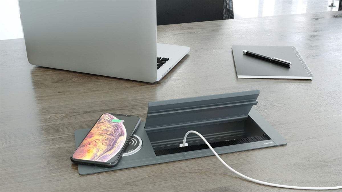 Metalline® Max-Line Kablosuz Şarjlı Masaüstü Priz Kutusu USB-HDMI-CAT6/3 - Antrasit