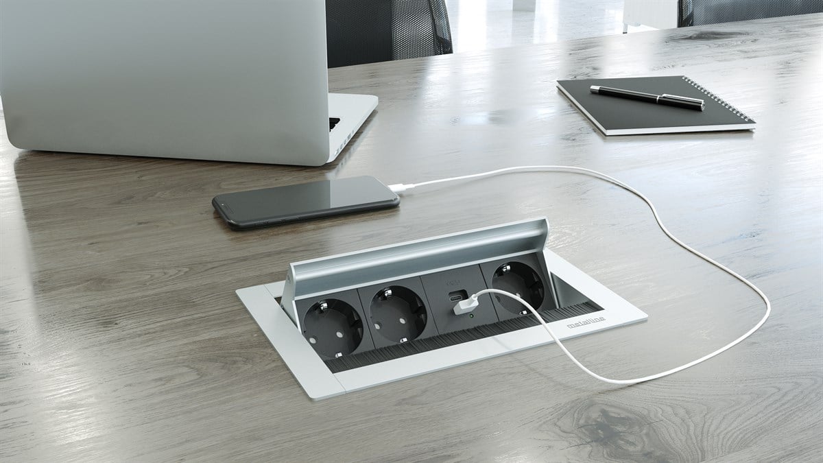 Metalline® Revo-Line Dönmeli Masaüstü Priz Kutusu USB-A / USB-C - Natürel Eloksal