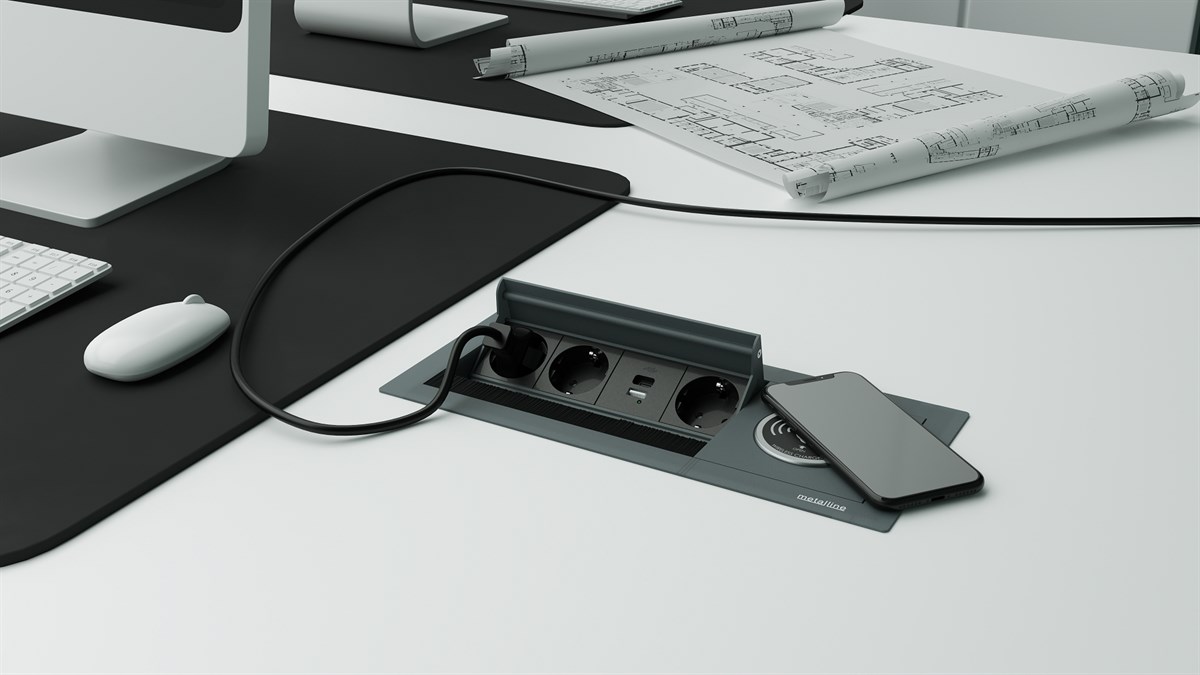 Metalline® Revo-Line Dönmeli Masaüstü Priz Kutusu Wireless USB-A / USB-C - Antrasit
