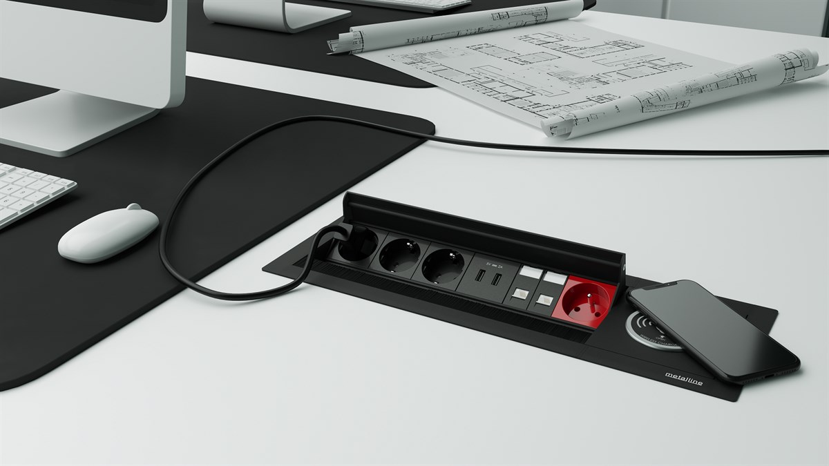 Metalline® Revo-Line Dönmeli Masaüstü Priz Kutusu Wireless USB-UPS-CAT6/3 - Siyah