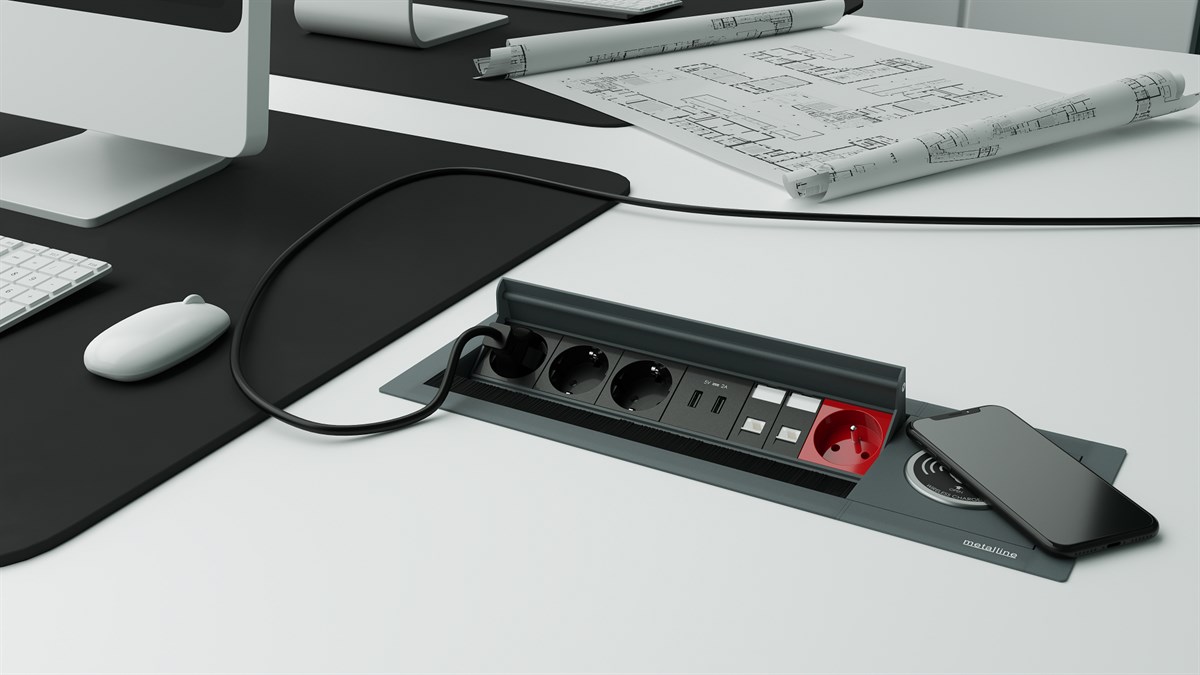 Metalline® Revo-Line Dönmeli Masaüstü Priz Kutusu Wireless USB-UPS-CAT6/3 - Antrasit