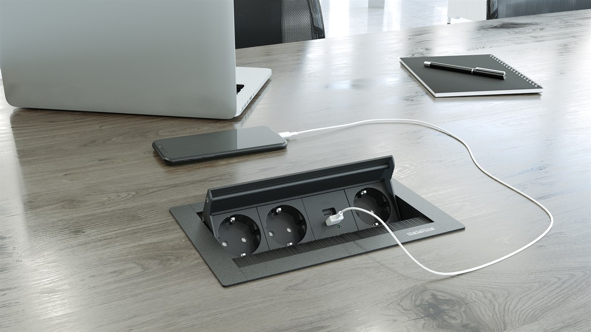 Metalline® Revo-Line Dönmeli Masaüstü Priz Kutusu USB-A / USB-C - Siyah