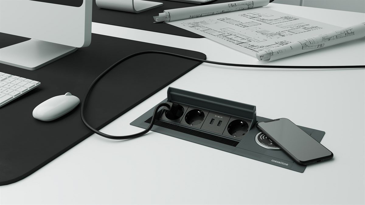 Metalline® Revo-Line Dönmeli Masaüstü Priz Kutusu Wireless USB - Antrasit