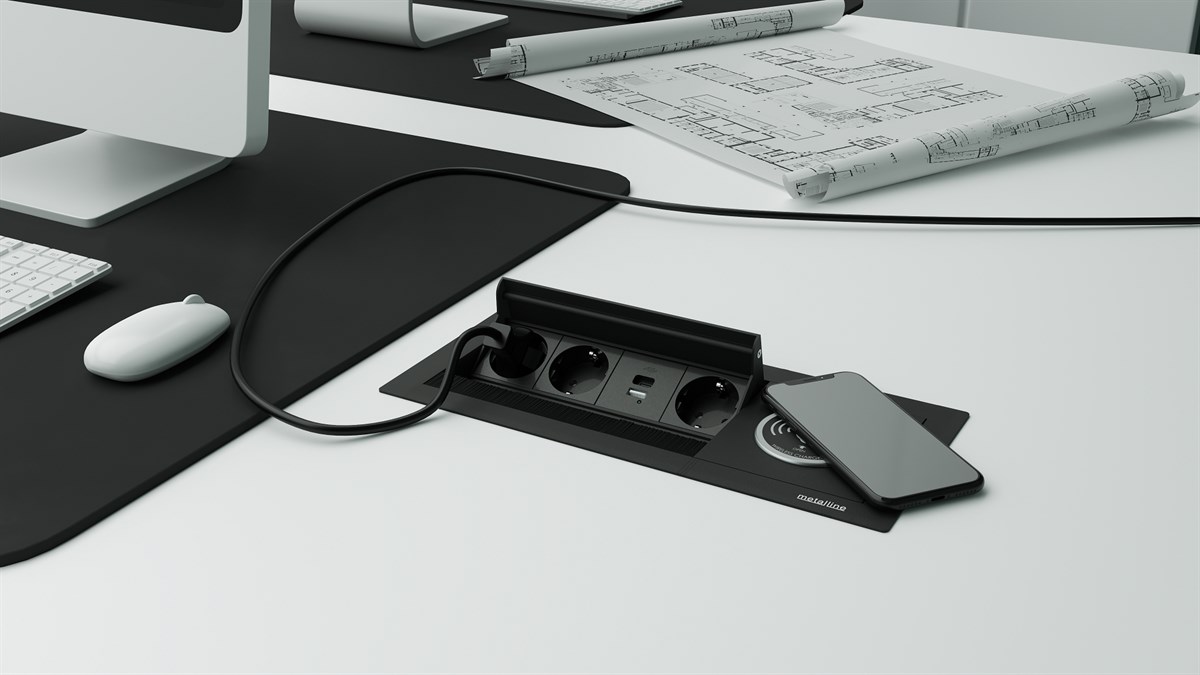 Metalline® Revo-Line Dönmeli Masaüstü Priz Kutusu Wireless USB-A / USB-C - Siyah