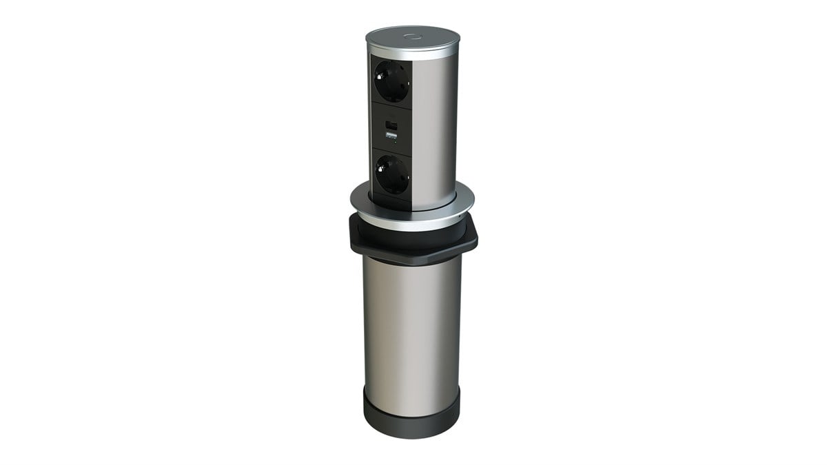 Metalline® Tower-Line Bas-Aç Masaüstü Priz Kutusu USB-A , USB-C - Gümüş