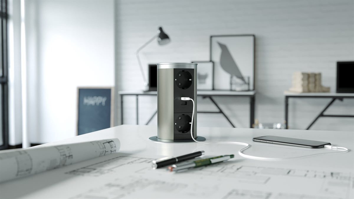 Metalline® Tower-Line Bas-Aç Masaüstü Priz Kutusu USB-A , USB-C - Gümüş
