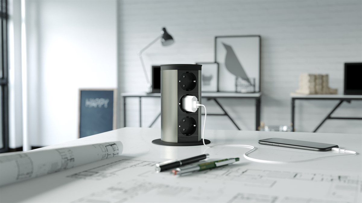 Metalline® Tower-Line Bas-Aç Masaüstü Priz Kutusu - Siyah