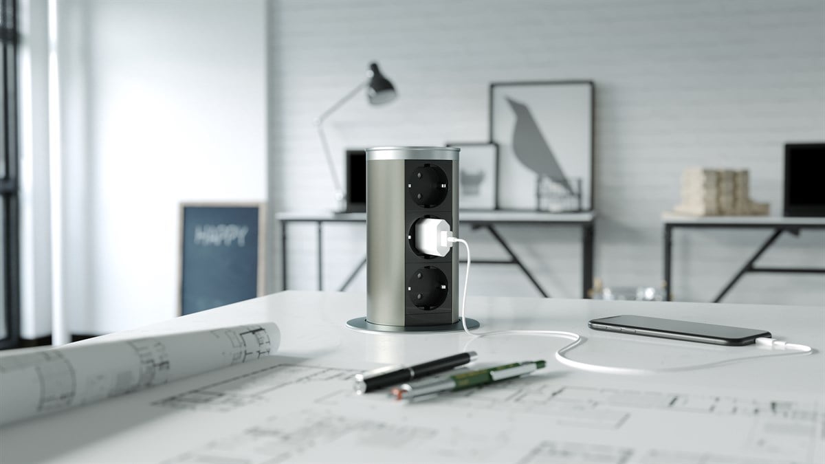 Metalline® Tower-Line Bas-Aç Masaüstü Priz Kutusu - Gümüş