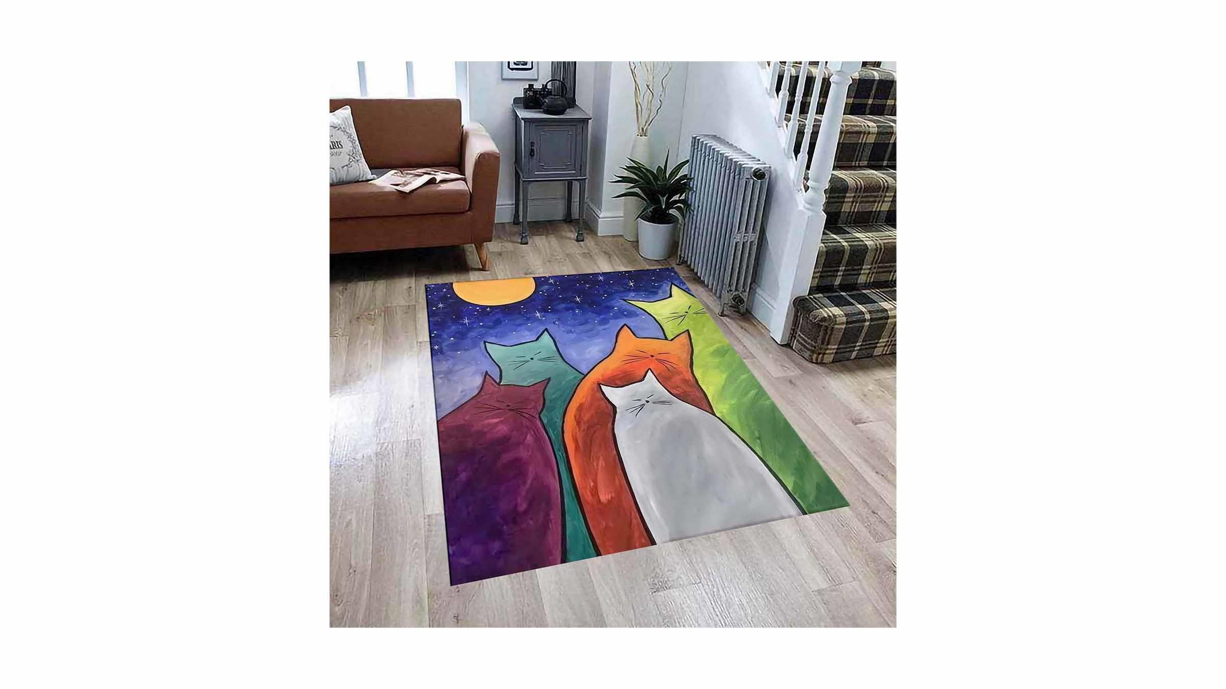 Piksel Halı Renkli Kedi Desenli Dijital Baskı Halı
