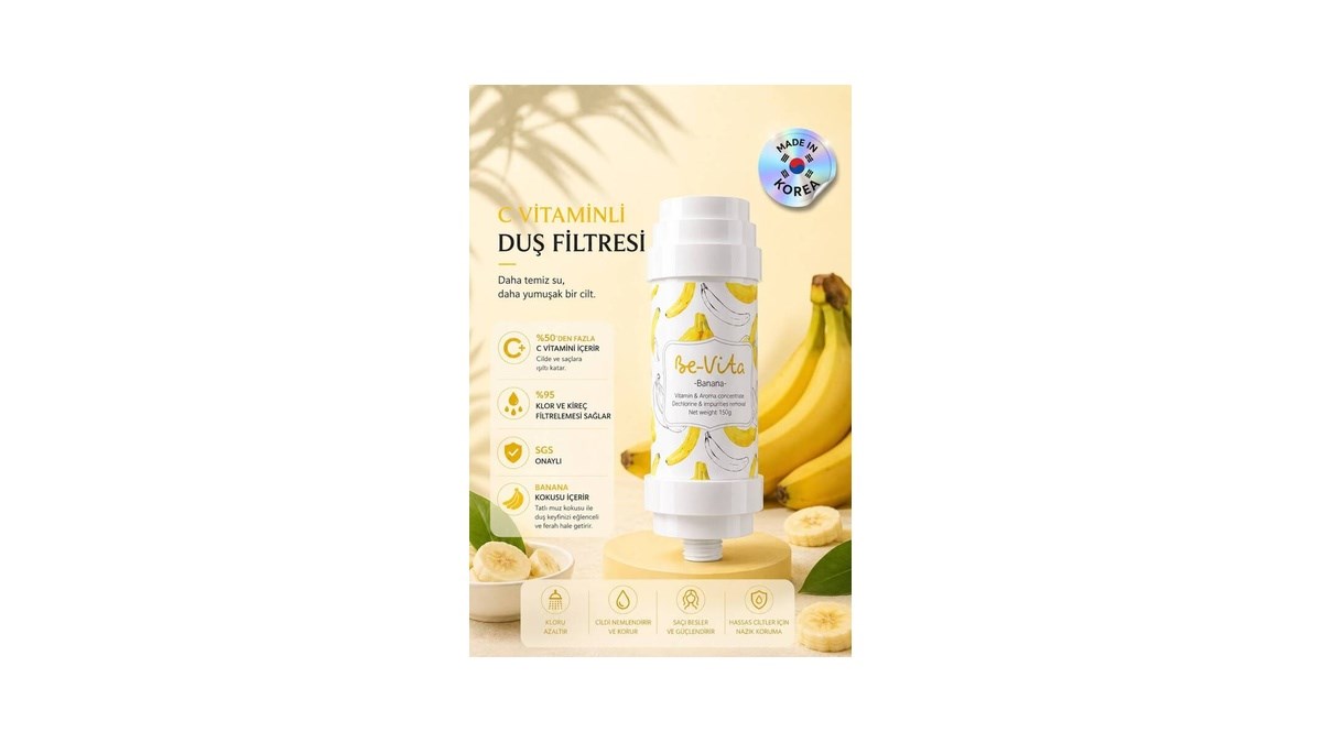 Be-Vita Banana C Vitaminli Aromatik Duş Filtresi - Cilt Besleyici Klor ve Kireç Arıtıcı Duş Filtresi (150gr)