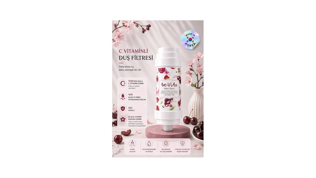 Be-Vita Black Cherry C Vitaminli Aromatik Duş Filtresi - Cilt Besleyici Klor ve Kireç Arıtıcı Duş Filtresi (150gr)