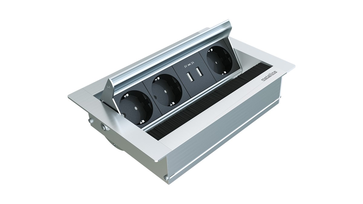 Metalline® Revo-Line Dönmeli Masaüstü Priz Kutusu USB - Natürel Eloksal