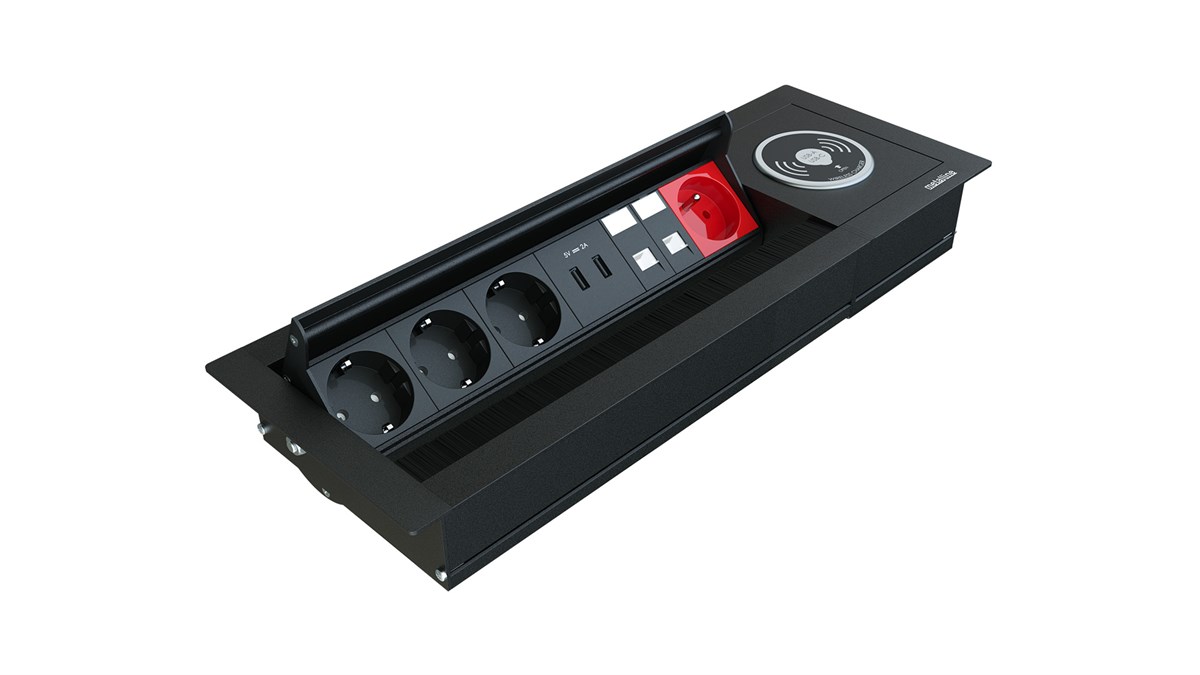 Metalline® Revo-Line Dönmeli Masaüstü Priz Kutusu Wireless USB-UPS-CAT6/3 - Siyah