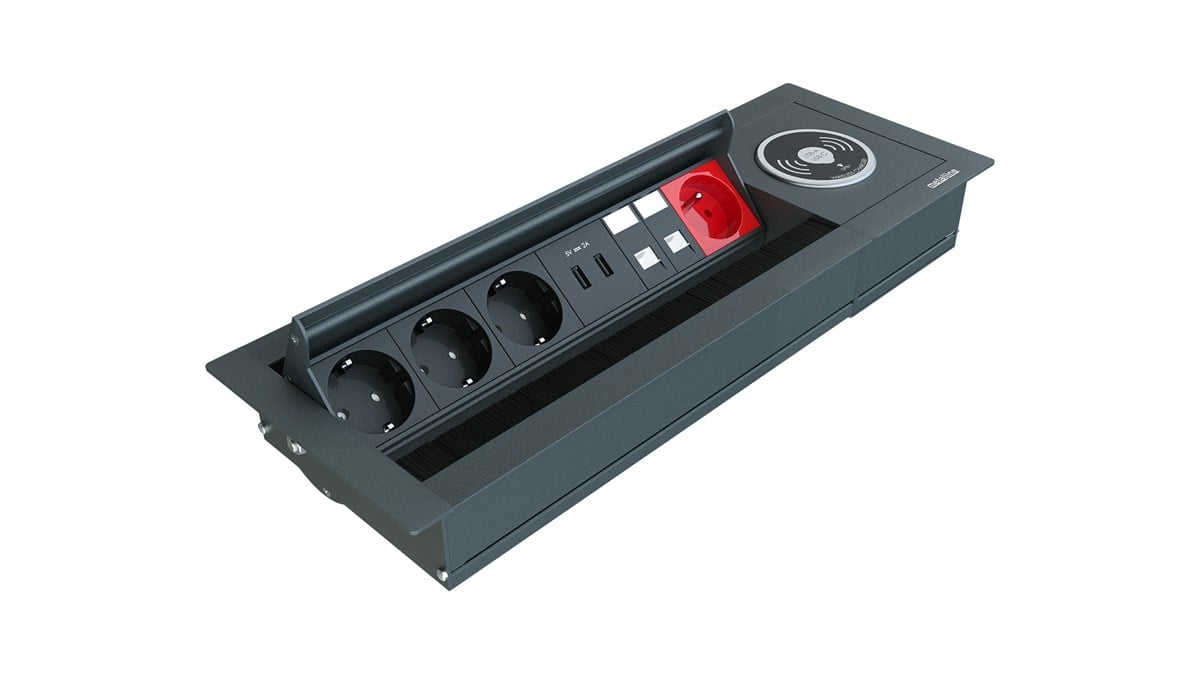 Metalline® Revo-Line Dönmeli Masaüstü Priz Kutusu Wireless USB-UPS-CAT6/3 - Antrasit