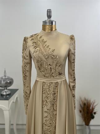 Çağla Hijab Evening Dress with Stone Lace Detail Gold