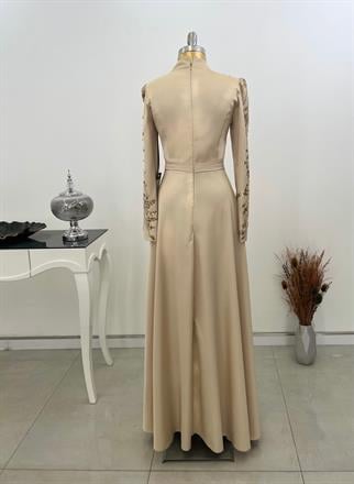Çağla Hijab Evening Dress with Stone Lace Detail Gold